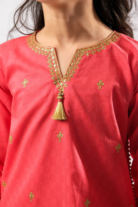 Kids Eid Dress | Tarbozi & Gold | Casual Plus 3 Piece Suit | Cotton Dobby | KBD-03382