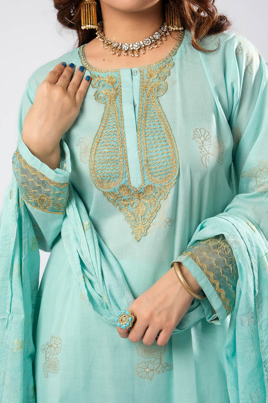 Women Eid Dress | Ferozi & Gold | Casual Plus 3 Piece Suit | Cotton Jacquard | LBD-03386