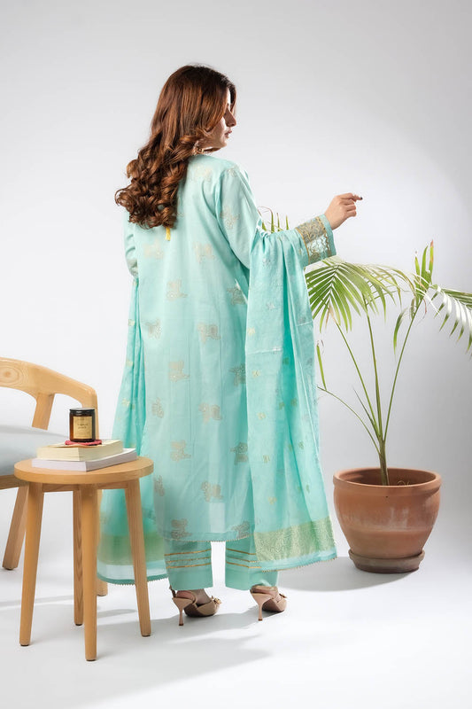 Women Eid Dress | Ferozi & Gold | Casual Plus 3 Piece Suit | Cotton Jacquard | LBD-03386