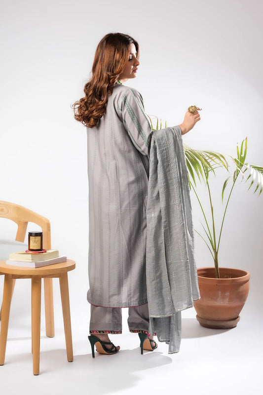 Women Eid Dress | Grey & Multicolor | Casual Plus 3 Piece Suit | Cotton Dobby Gold | LBD-03401