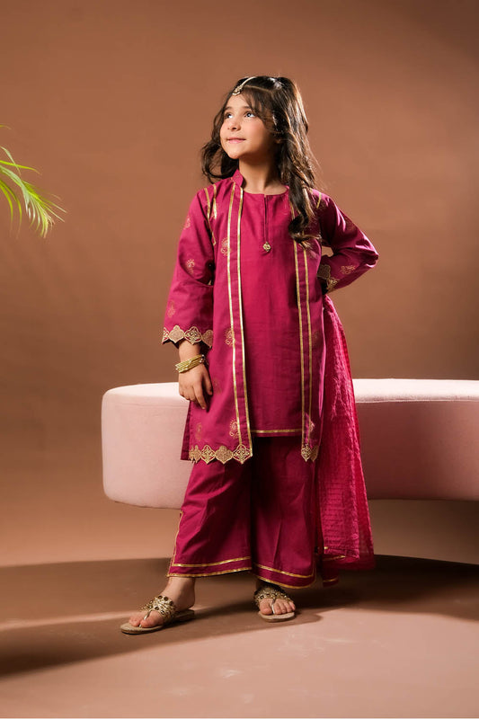 Kids Eid Dress | Magenta & Gold | Casual Plus 3 Piece Suit | Cotton Jacquard | KBD-03383