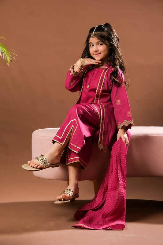Kids Eid Dress | Magenta & Gold | Casual Plus 3 Piece Suit | Cotton Jacquard | KBD-03383