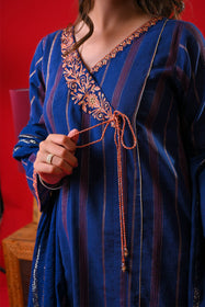 Girls Eid Dress | Blue & Multicolor | Casual Plus 3 Piece Suit  | Cotton Dobby | GBD-03349
