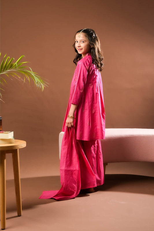 Kids Eid Dress | Shocking Pink | Casual Plus 3 Piece Suit | Cotton Glitter Printed | KBD-03391