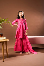 Kids Eid Dress | Shocking Pink | Casual Plus 3 Piece Suit | Cotton Glitter Printed | KBD-03391