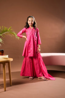 Kids Eid Dress | Shocking Pink | Casual Plus 3 Piece Suit | Cotton Glitter Printed | KBD-03391
