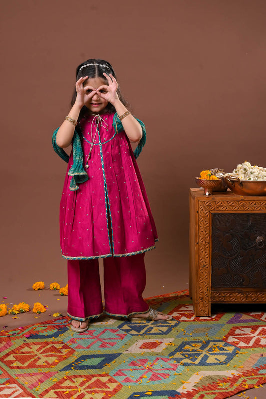 Kids formal clothes | Shocking Pink & Multicolor | Formal 3 Piece Suit | Viscose Chambray Katan | KDD-03234