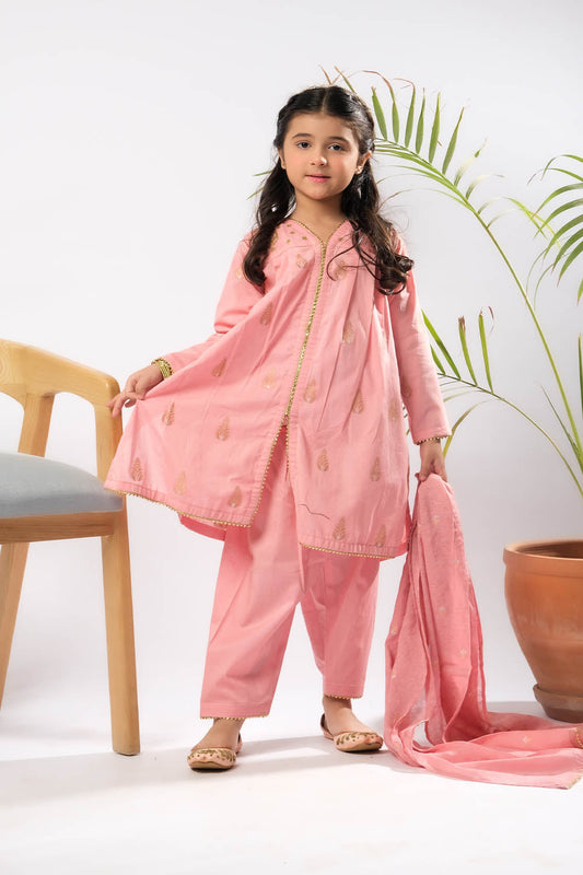 Kids Eid Dress | Peach & Gold | Casual Plus 3 Piece Suit | Cotton Jacquard | KBD-03398