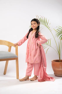 Kids Eid Dress | Peach & Gold | Casual Plus 3 Piece Suit | Cotton Jacquard | KBD-03398