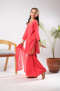 Kids Eid Dress | Tarbozi & Gold | Casual Plus 3 Piece Suit | Cotton Dobby | KBD-03382