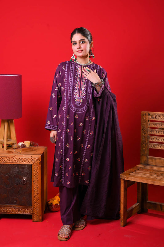 Women Eid Dress | Magenta & Multicolor | Casual Plus 3 Piece Suit | Cotton Plain | LBD-03331