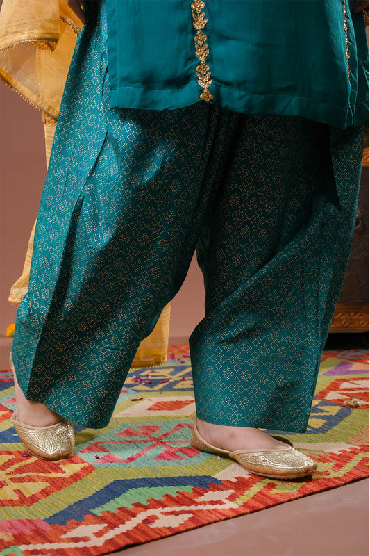 Girls formal clothes | Tourquoise Green & Gold | Formal 3 Piece Suit  | Viscose Crinkle Chiffon | GDD-03149