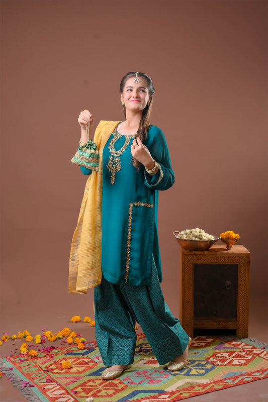 Girls formal clothes | Tourquoise Green & Gold | Formal 3 Piece Suit  | Viscose Crinkle Chiffon | GDD-03149