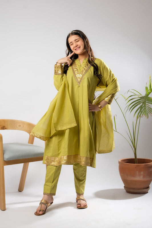Girls Eid Dress | Perot Green & Gold | Casual Plus 3 Piece Suit  | Cotton Foil Printed | GBD-03399