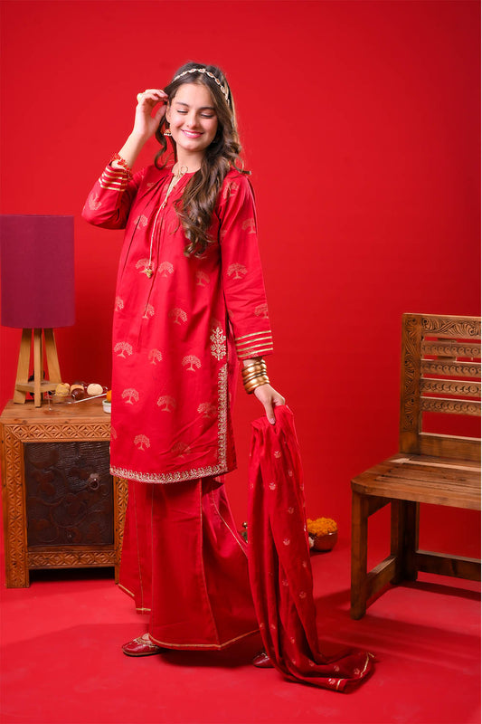Girls Eid Dress | Red & Gold | Casual Plus 3 Piece Suit  | Cotton Jacquard | GBD-03374