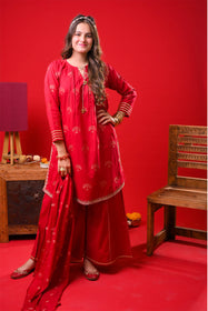 Girls Eid Dress | Red & Gold | Casual Plus 3 Piece Suit  | Cotton Jacquard | GBD-03374