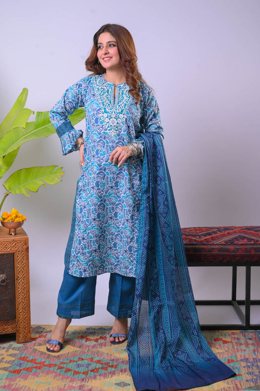 Women Eid Dress | Blue & Multicolor | Casual 3 Piece Suit | Cotton Lawn Printed | LAD-03364