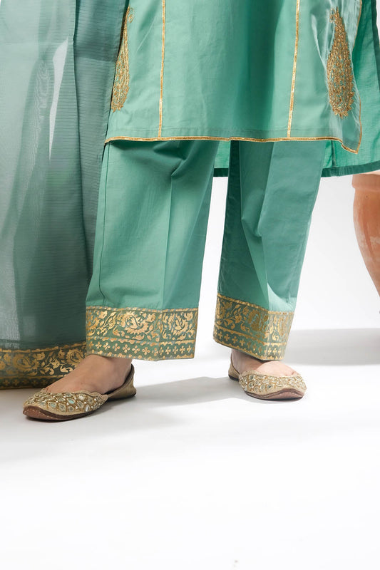 Women Eid Dress | Light Green & Gold | Casual Plus 3 Piece Suit | Cotton Foil Printed | LBD-03395