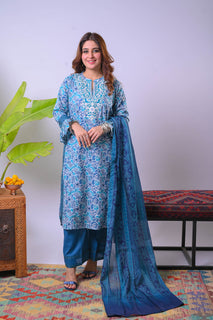Women Eid Dress | Blue & Multicolor | Casual 3 Piece Suit | Cotton Lawn Printed | LAD-03364