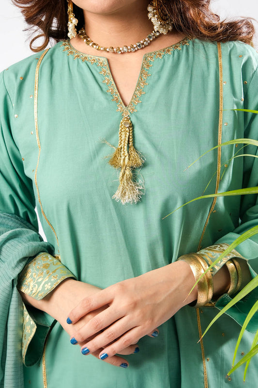 Women Eid Dress | Light Green & Gold | Casual Plus 3 Piece Suit | Cotton Foil Printed | LBD-03395