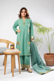 Women Eid Dress | Light Green & Gold | Casual Plus 3 Piece Suit | Cotton Foil Printed | LBD-03395