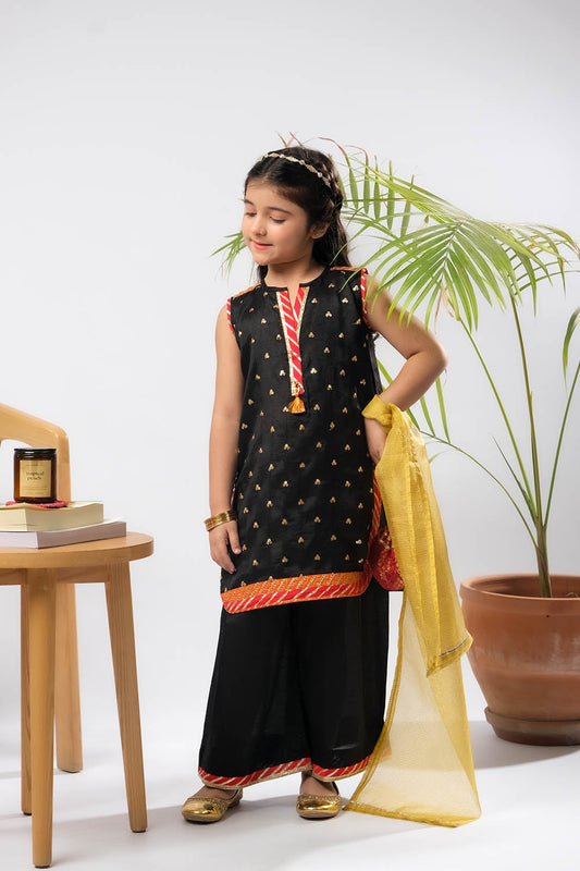 Kids formal clothes | Black & Multicolor | Formal 3 Piece Suit | Viscose Raw Silk | KDD-03280