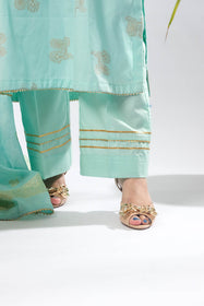 Women Eid Dress | Ferozi & Gold | Casual Plus 3 Piece Suit | Cotton Jacquard | LBD-03386