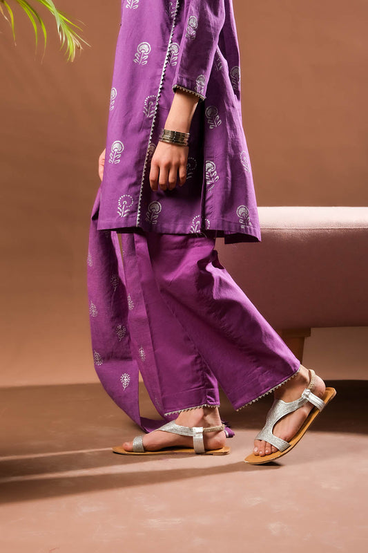 Kids Eid Dress | Purple & Silver | Casual Plus 3 Piece Suit | Cotton Glitter Printed | KBD-03390