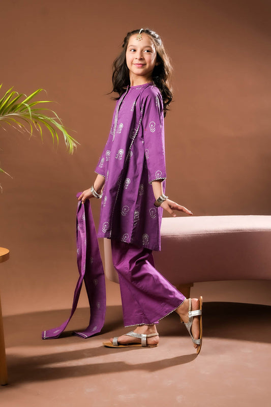 Kids Eid Dress | Purple & Silver | Casual Plus 3 Piece Suit | Cotton Glitter Printed | KBD-03390