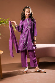 Kids Eid Dress | Purple & Silver | Casual Plus 3 Piece Suit | Cotton Glitter Printed | KBD-03390