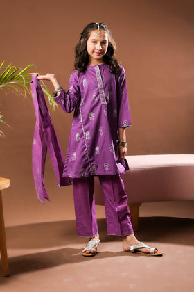 Kids Eid Dress | Purple & Silver | Casual Plus 3 Piece Suit | Cotton Glitter Printed | KBD-03390