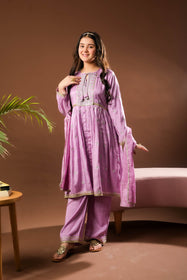 Girls formal clothes | Purple & Gold | Formal 3 Piece Suit | Viscose Raw-Silk | GDD-03152