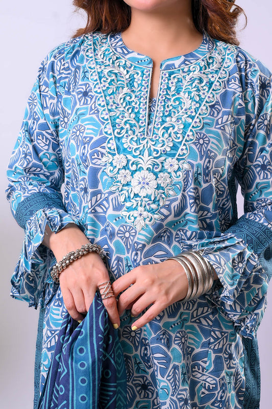 Women Eid Dress | Blue & Multicolor | Casual 3 Piece Suit | Cotton Lawn Printed | LAD-03364