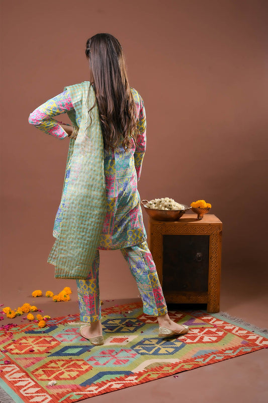 Girls formal clothes | Digital Print & Multicolor | Formal 3 Piece Suit  | Polyester Tussar Silk | GDD-03259