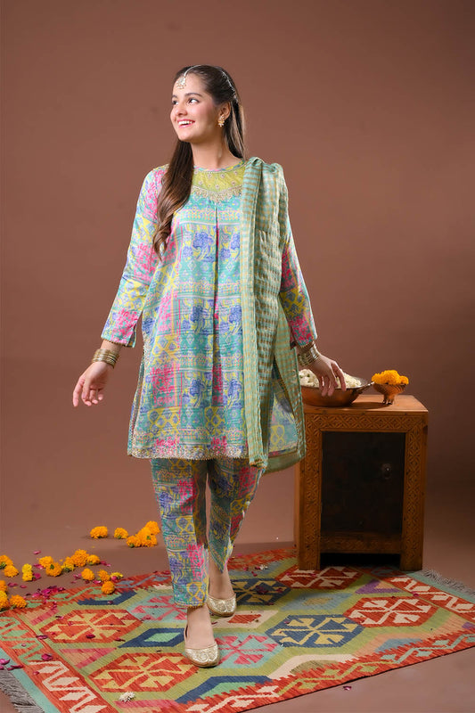 Girls formal clothes | Digital Print & Multicolor | Formal 3 Piece Suit  | Polyester Tussar Silk | GDD-03259