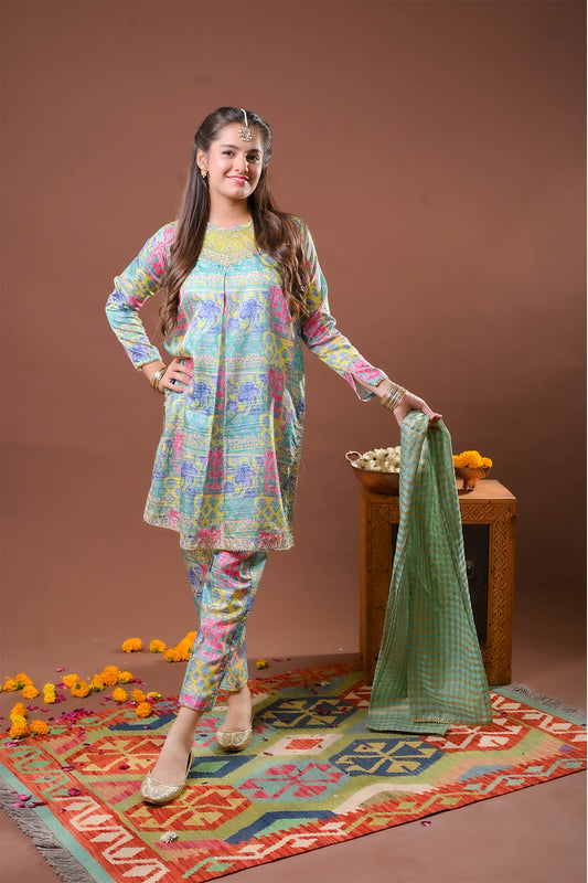 Girls formal clothes | Digital Print & Multicolor | Formal 3 Piece Suit  | Polyester Tussar Silk | GDD-03259