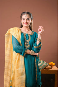 Girls formal clothes | Tourquoise Green & Gold | Formal 3 Piece Suit  | Viscose Crinkle Chiffon | GDD-03149