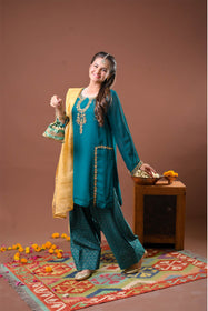 Girls formal clothes | Tourquoise Green & Gold | Formal 3 Piece Suit  | Viscose Crinkle Chiffon | GDD-03149