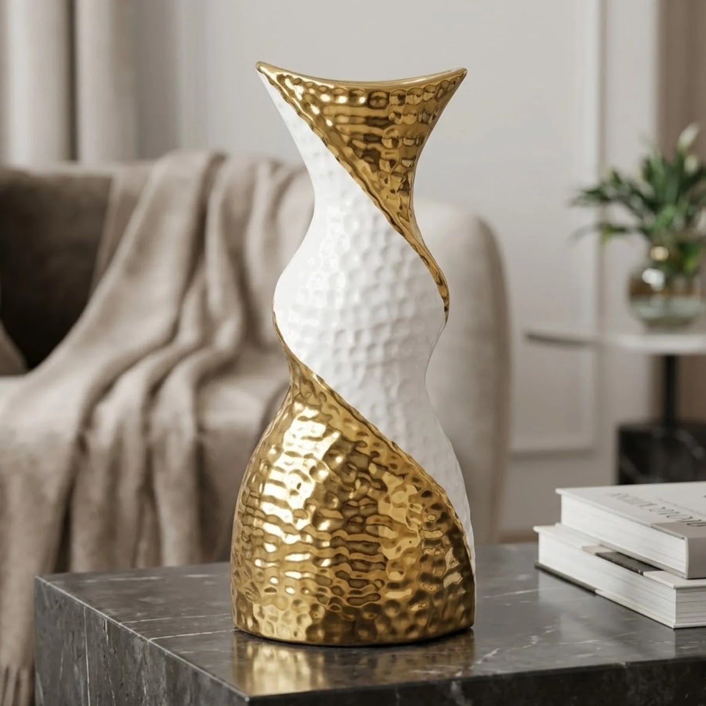 ceramic vase twisted white & golden small 11"x5" china