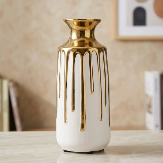 ceramic vase dripping gold white 13"x5.5" china