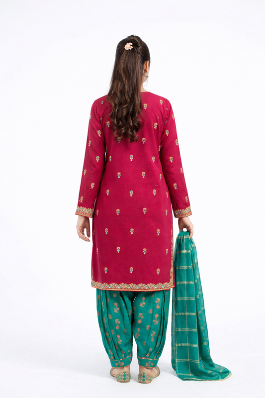 Girls Eid Dress | Shocking Pink & Turquoise Green | Formal 3 Piece Suit  | Viscose Crinkle Chiffon | GDD-03344