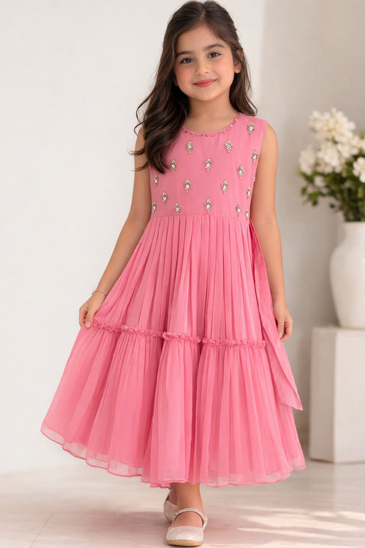 Kids formal clothes | Tea Pink & Gold | Formal 3 Piece Suit | Viscose Chambray Katan | KDD-03360