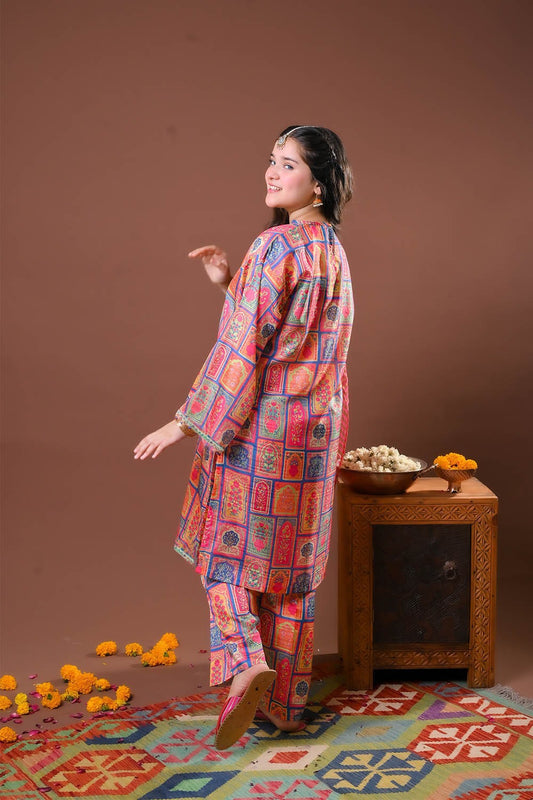 Girls formal clothes | Digital Print & Multicolor | Formal 3 Piece Suit  | Polyester Tussar Silk | GDD-03258