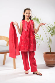 Kids Eid Dress | Red | Casual Plus 3 Piece Suit | Cotton Glitter Printed | KBD-03389