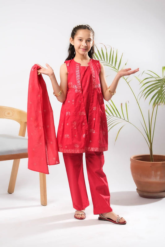 Kids Eid Dress | Red | Casual Plus 3 Piece Suit | Cotton Glitter Printed | KBD-03389