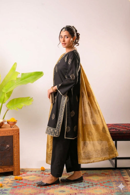 Women Eid Dress | Black & Gold | Casual Plus 3 Piece Suit | Cotton Jacquard | LBD-03375