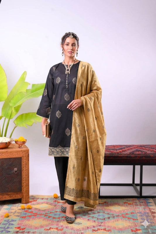 Women Eid Dress | Black & Gold | Casual Plus 3 Piece Suit | Cotton Jacquard | LBD-03375